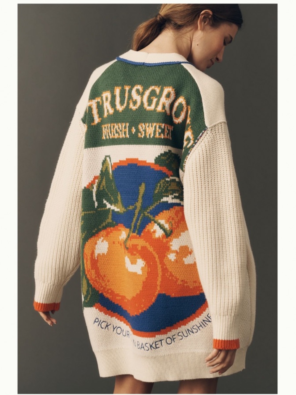 NWT Anthro Maeve Oversized Veggie Oranges Citrus Grove Motif Cardigan Sweater